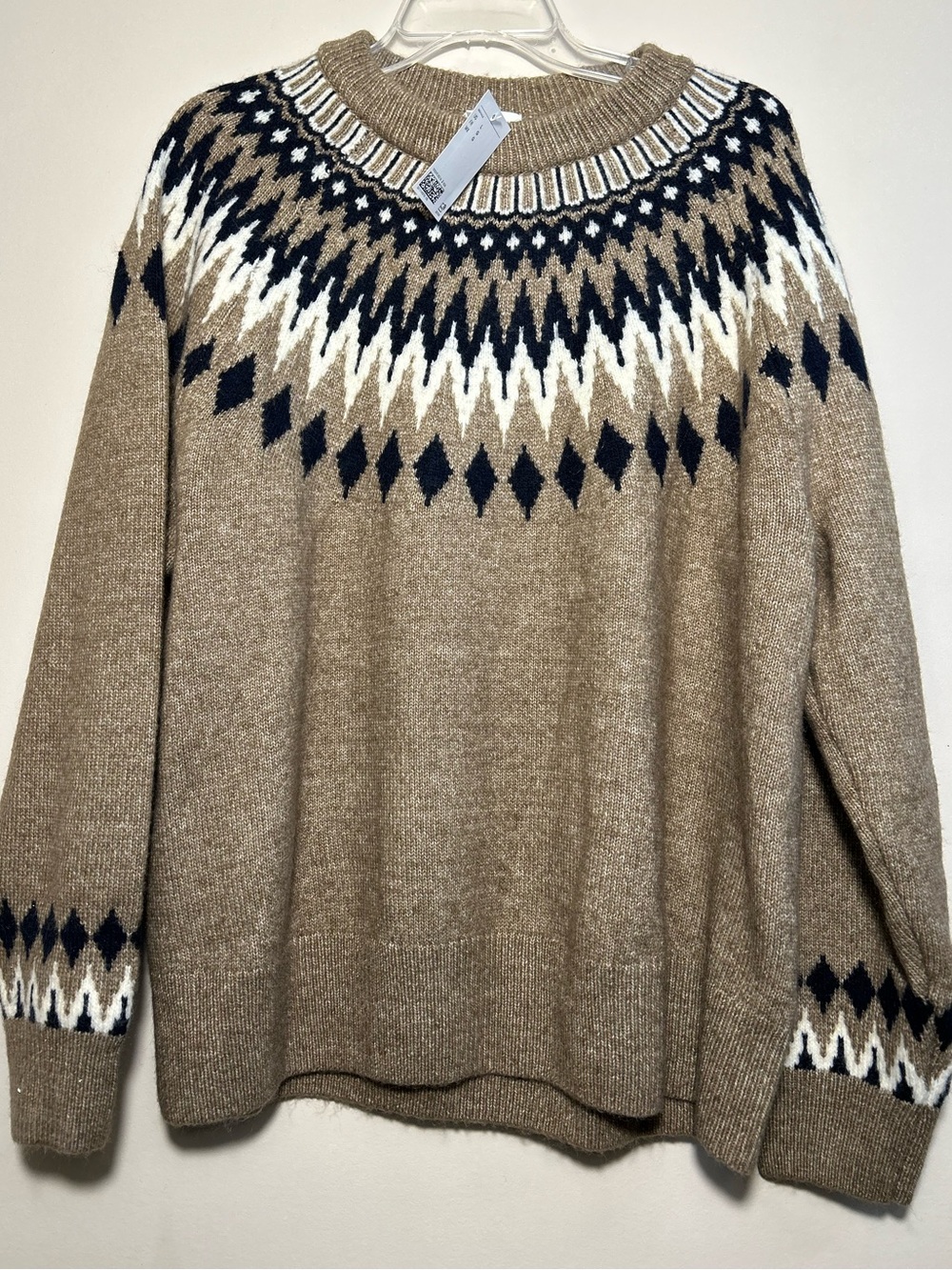 Nordic/ Fair Isle Crewneck Sweater in Tan and Navy  L